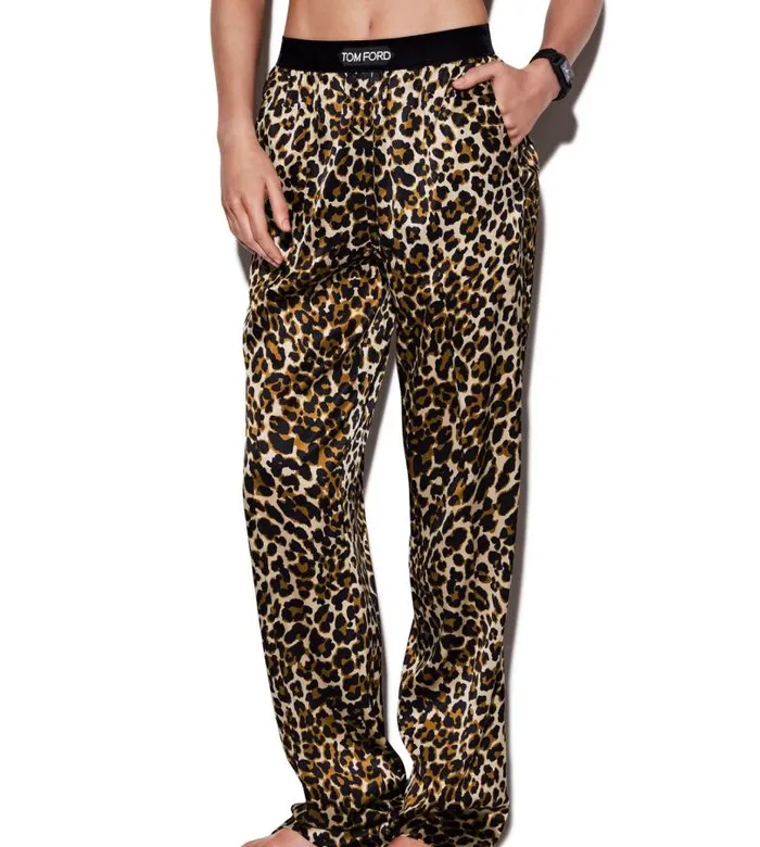 Women Pajamas and Robes Tom Ford Reflected Leopard Pattern Silk Satin Pj Pants Black Beige
