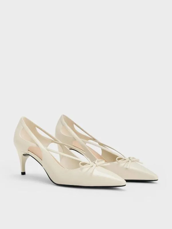 Women Patent CutOut Bow KittenHeel Pumps 8211 Chalk CHARLES and KEITH Heels