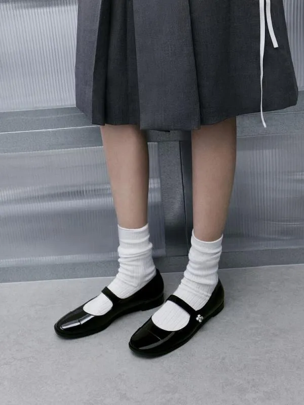 Women Patent PearlEmbellished FlowerBuckle CapToe Mary Janes 8211 Black Patent CHARLES and KEITH Ballet Flats