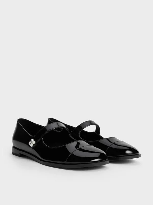 Women Patent PearlEmbellished FlowerBuckle CapToe Mary Janes 8211 Black Patent CHARLES and KEITH Ballet Flats