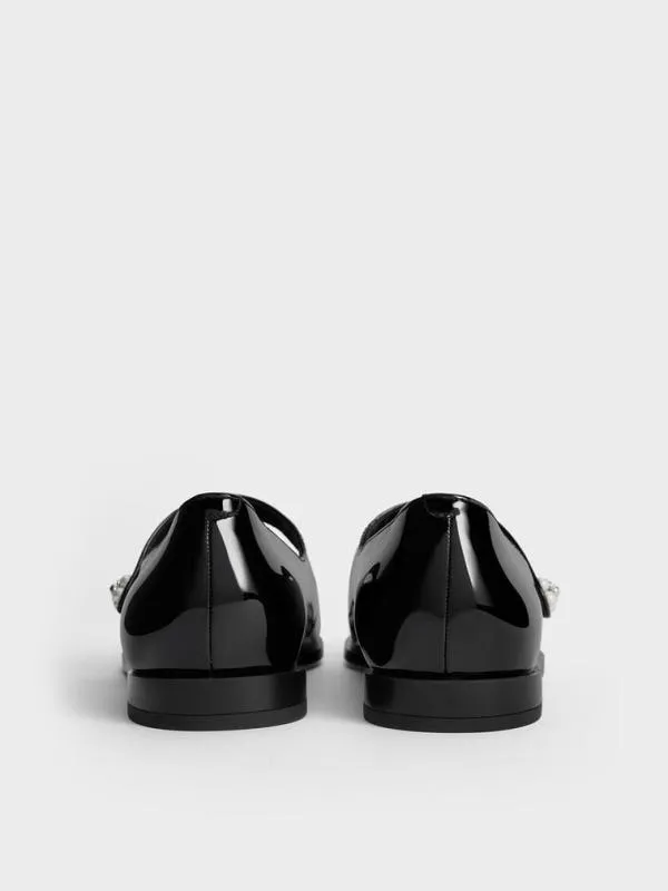 Women Patent PearlEmbellished FlowerBuckle CapToe Mary Janes 8211 Black Patent CHARLES and KEITH Ballet Flats