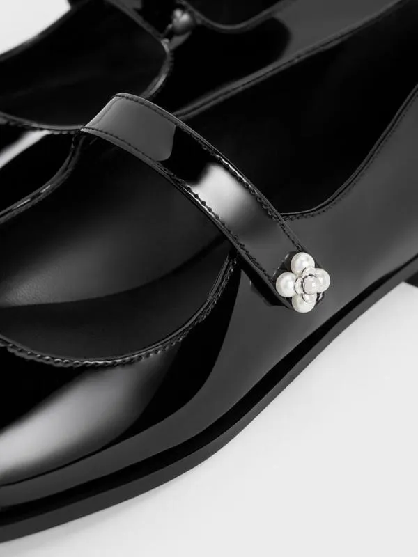 Women Patent PearlEmbellished FlowerBuckle CapToe Mary Janes 8211 Black Patent CHARLES and KEITH Ballet Flats