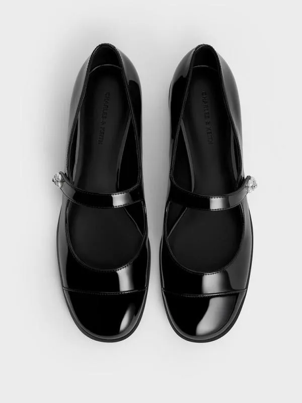 Women Patent PearlEmbellished FlowerBuckle CapToe Mary Janes 8211 Black Patent CHARLES and KEITH Ballet Flats