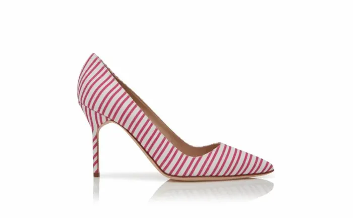 Women Pink Cotton Striped Pointed Toe Pumps Manolo Blahnik Pumps