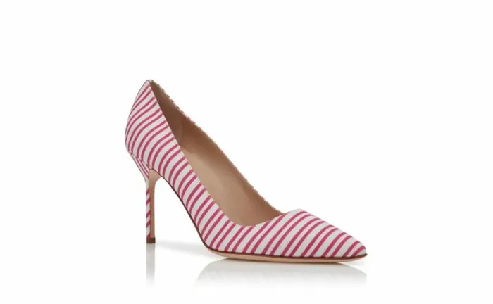 Women Pink Cotton Striped Pointed Toe Pumps Manolo Blahnik Pumps