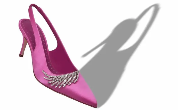 Women Pink Satin Jewel Embellished Slingback Pumps Manolo Blahnik Pumps