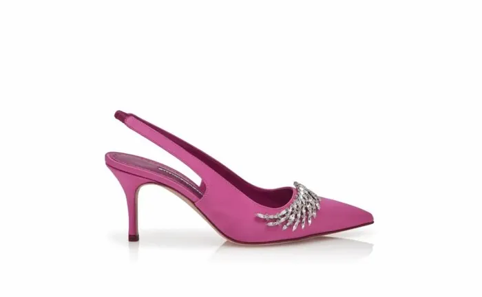 Women Pink Satin Jewel Embellished Slingback Pumps Manolo Blahnik Pumps