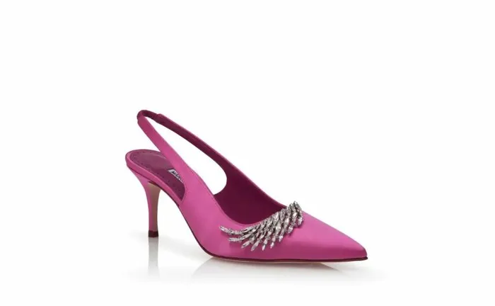 Women Pink Satin Jewel Embellished Slingback Pumps Manolo Blahnik Pumps