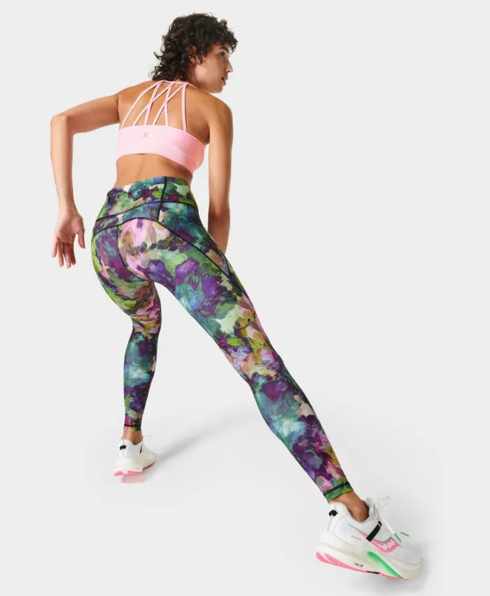 Women Power Gym Leggings Green Luxe Floral Print Sweaty Betty Pocketed