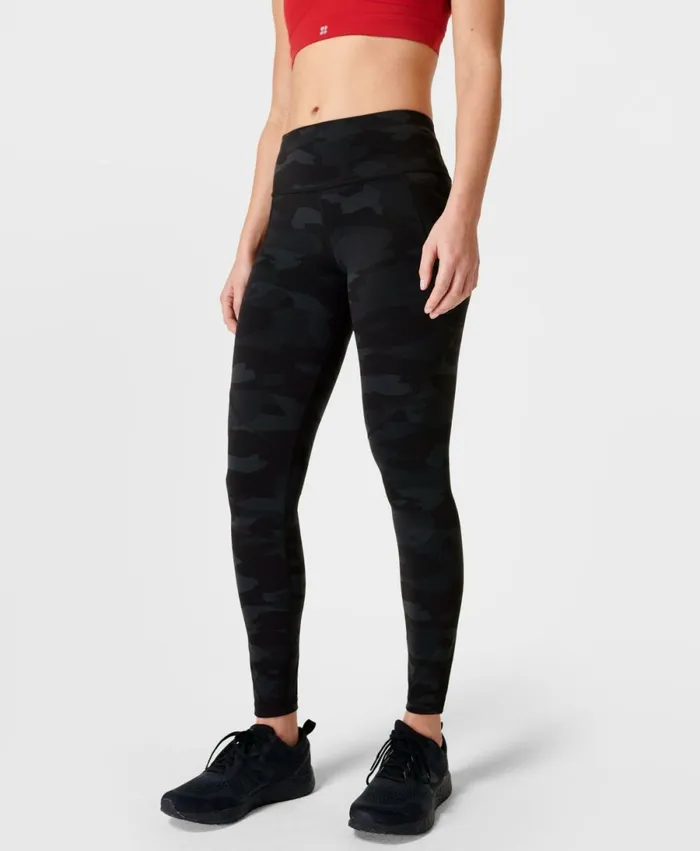 Women Power Gym Leggings Ultra Black Camo Print Sweaty Betty Pocketed