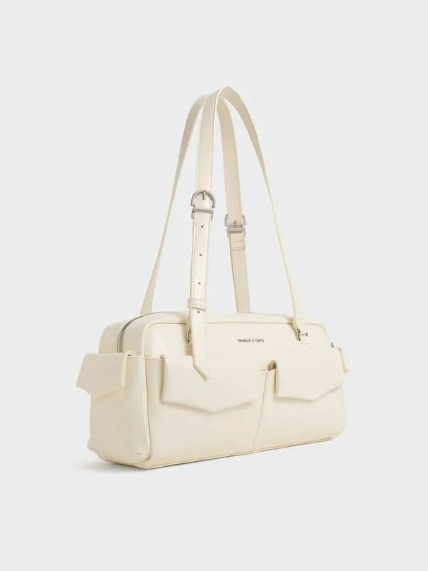 Women Rachel Elongated MultiPocket Shoulder Bag 8211 Cream CHARLES and KEITH Shoulder Bags