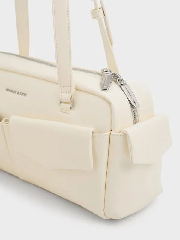 Women Rachel Elongated MultiPocket Shoulder Bag 8211 Cream CHARLES and KEITH Shoulder Bags