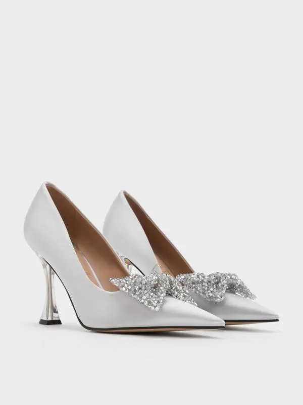 Women Recycled Polyester Beaded Bow Pumps 8211 Silver CHARLES and KEITH Heels
