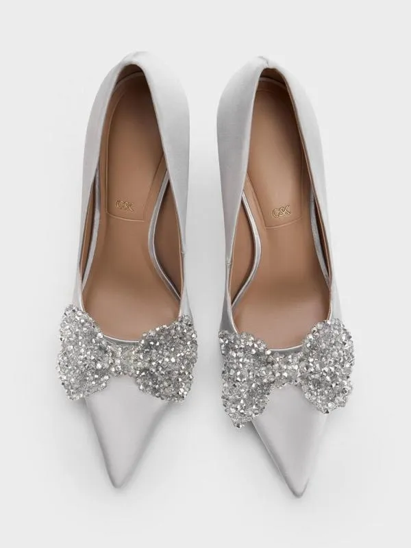 Women Recycled Polyester Beaded Bow Pumps 8211 Silver CHARLES and KEITH Heels