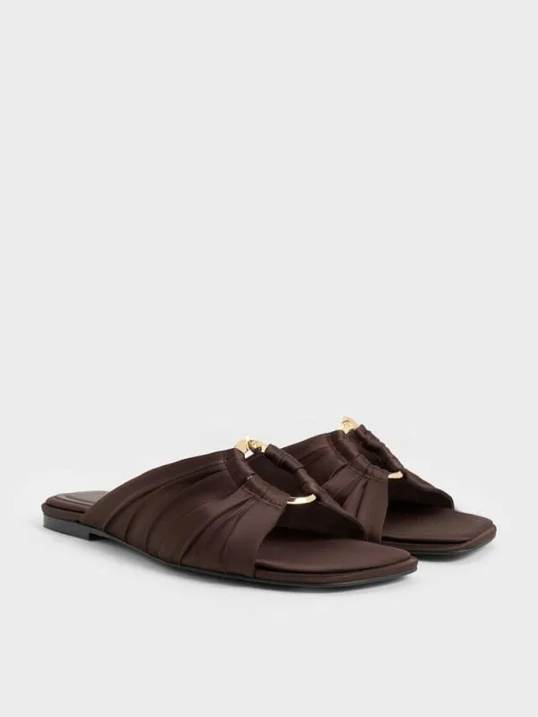 Women Recycled Polyester Ruched OvalAccent Slide Sandals 8211 Dark Brown CHARLES and KEITH Sandals