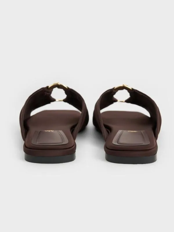 Women Recycled Polyester Ruched OvalAccent Slide Sandals 8211 Dark Brown CHARLES and KEITH Sandals
