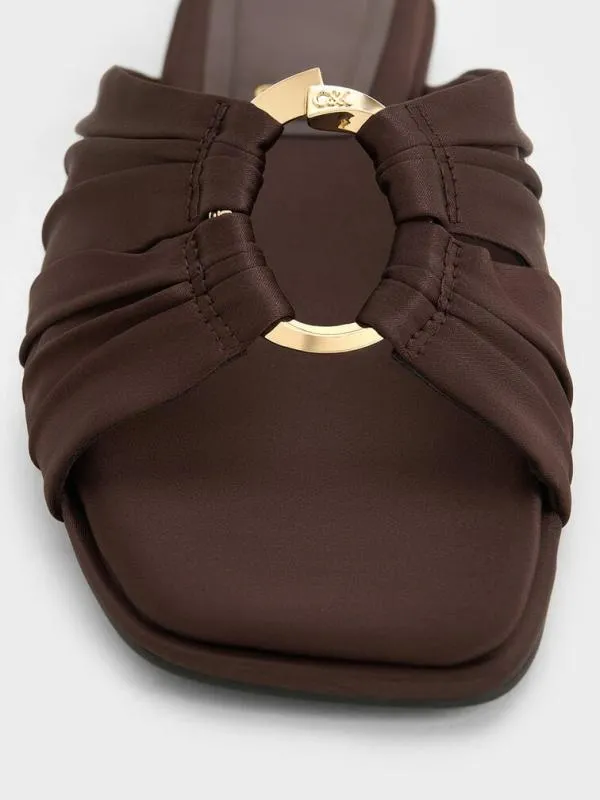 Women Recycled Polyester Ruched OvalAccent Slide Sandals 8211 Dark Brown CHARLES and KEITH Sandals