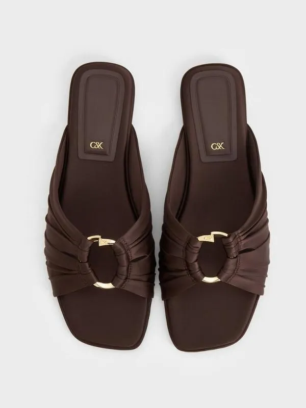Women Recycled Polyester Ruched OvalAccent Slide Sandals 8211 Dark Brown CHARLES and KEITH Sandals