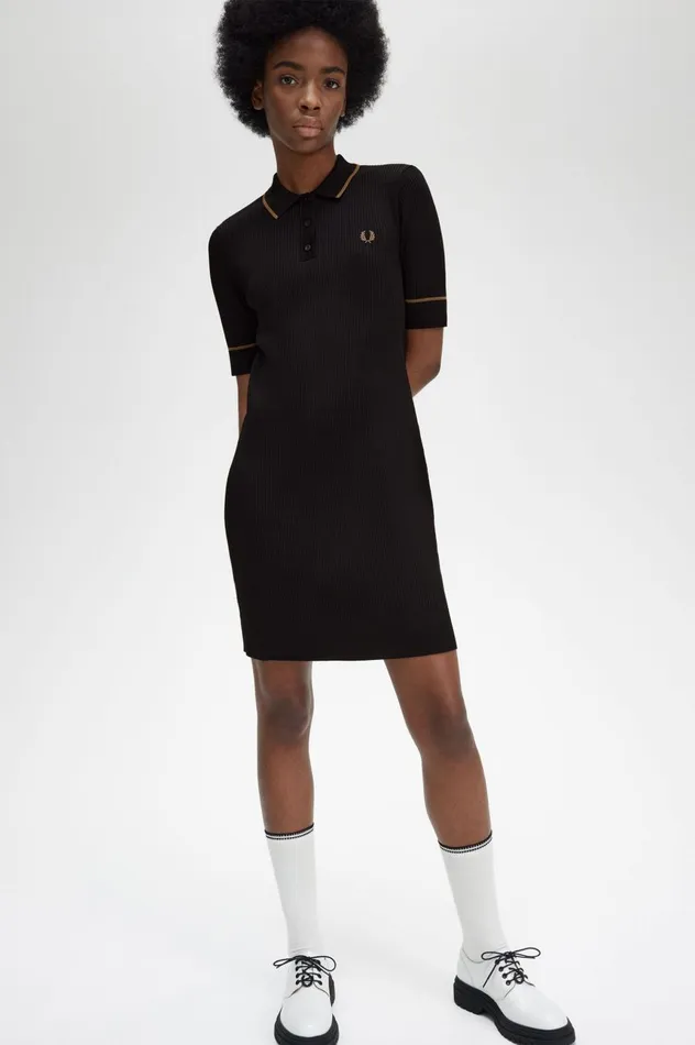 Women Ribbed Knitted Shirt Dress Black Fred Perry Dresses