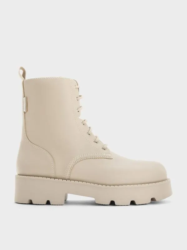 Women RidgedSole LaceUp Combat Boots 8211 Beige CHARLES and KEITH Boots