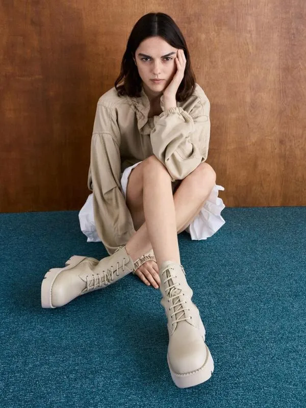 Women RidgedSole LaceUp Combat Boots 8211 Beige CHARLES and KEITH Boots