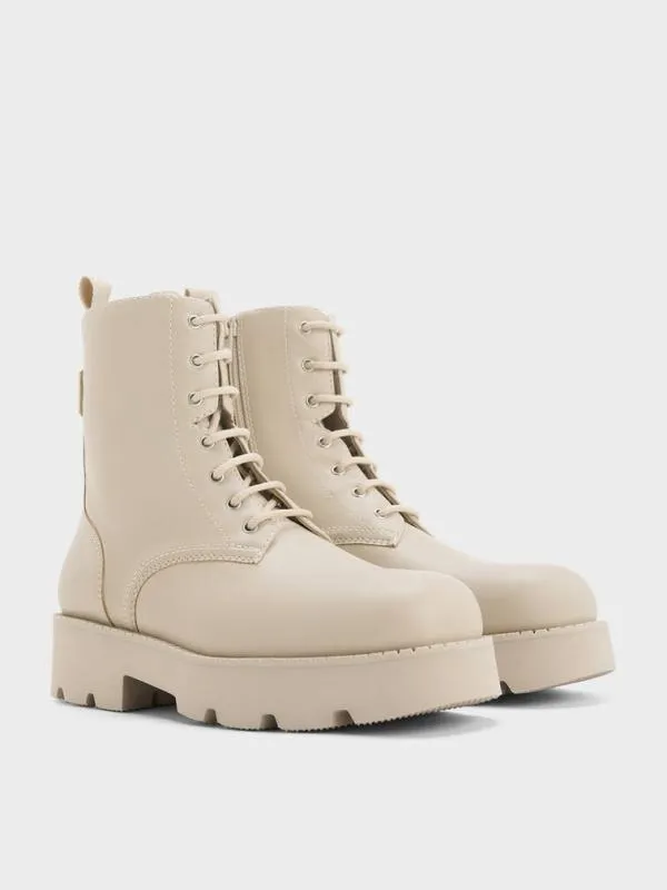 Women RidgedSole LaceUp Combat Boots 8211 Beige CHARLES and KEITH Boots