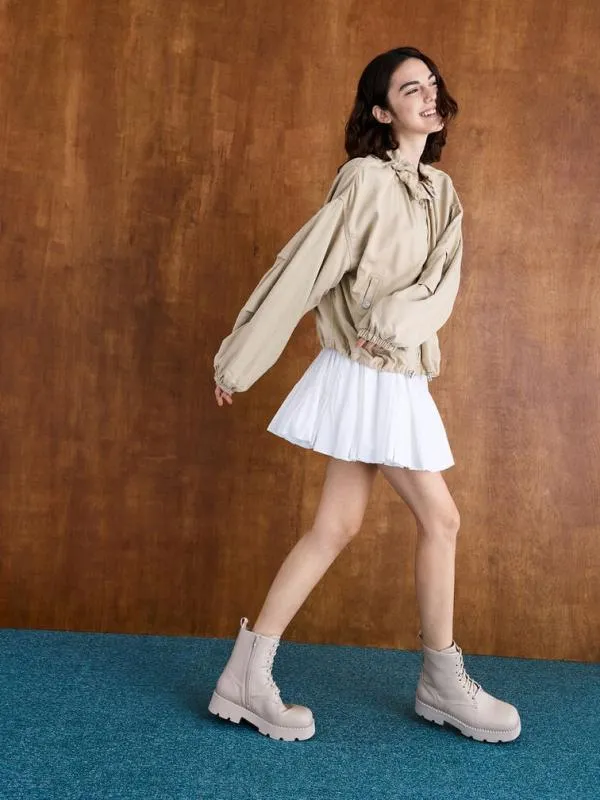 Women RidgedSole LaceUp Combat Boots 8211 Beige CHARLES and KEITH Boots