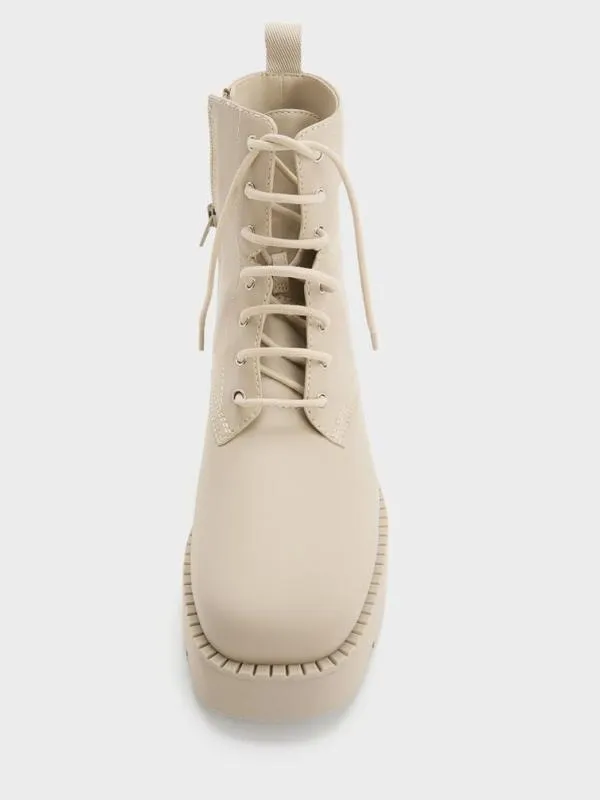 Women RidgedSole LaceUp Combat Boots 8211 Beige CHARLES and KEITH Boots
