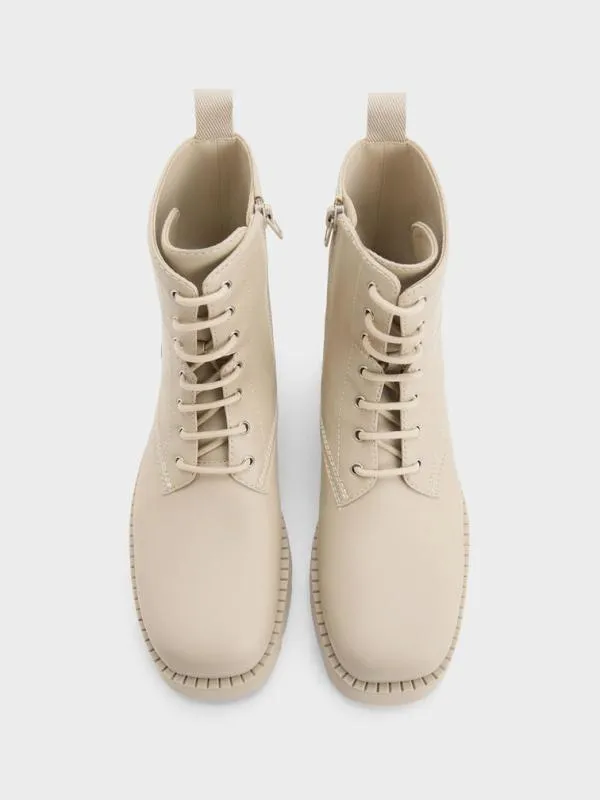 Women RidgedSole LaceUp Combat Boots 8211 Beige CHARLES and KEITH Boots