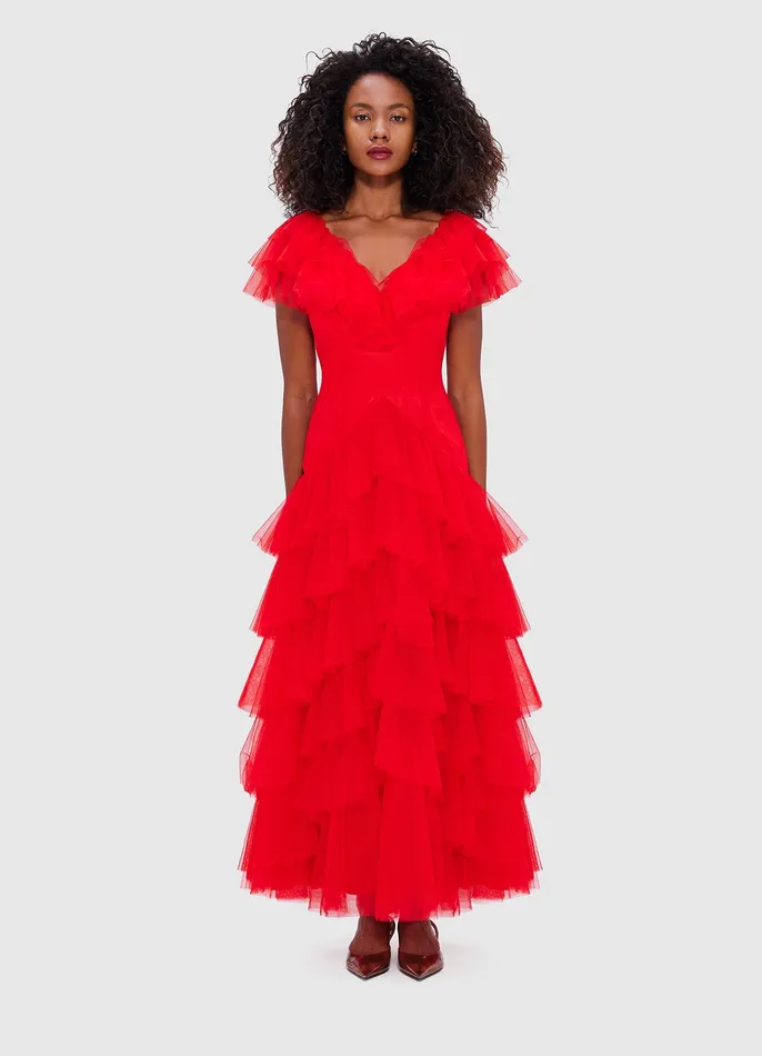 Women Rosa Ruffled Maxi Dress 8211 Red Dresses and Jumpsuits LEO LIN