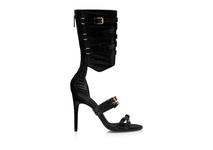 Women Sandals Tom Ford Stamped Crocodile Leather Gladiator Sandal Black