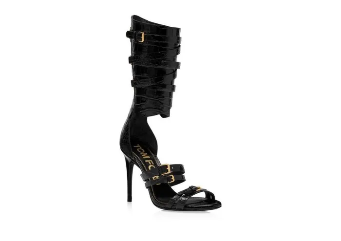Women Sandals Tom Ford Stamped Crocodile Leather Gladiator Sandal Black