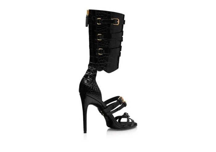 Women Sandals Tom Ford Stamped Crocodile Leather Gladiator Sandal Black
