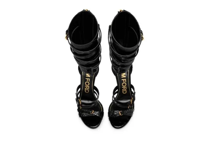 Women Sandals Tom Ford Stamped Crocodile Leather Gladiator Sandal Black