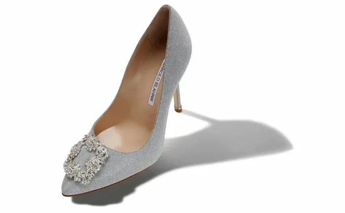 Women Silver Glitter Jewel Buckle Pumps Manolo Blahnik Pumps