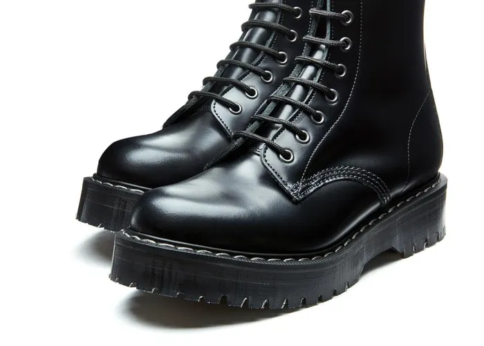 Women Solovair Platform Boots Black HiShine 8 Eye Zipped Platform Derby Boot