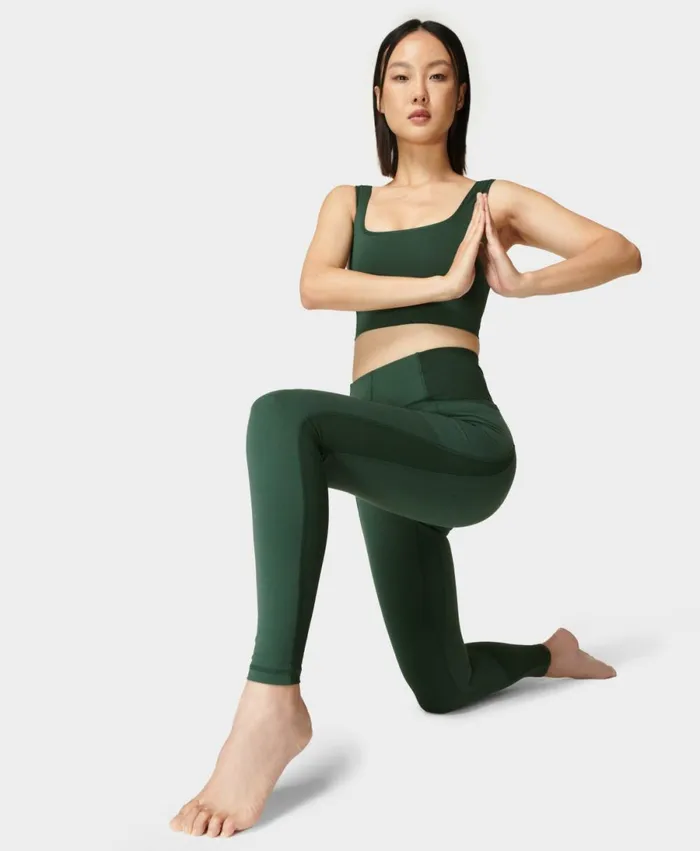 Women Super Soft Ribbed Yoga Leggings Trek Green Sweaty Betty Pocketed
