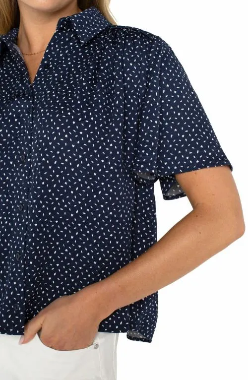 Women Tops Liverpool Los Angeles 12 Sleeve Shirred Woven Blouse Navy White Ditsy