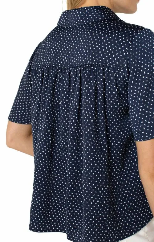 Women Tops Liverpool Los Angeles 12 Sleeve Shirred Woven Blouse Navy White Ditsy