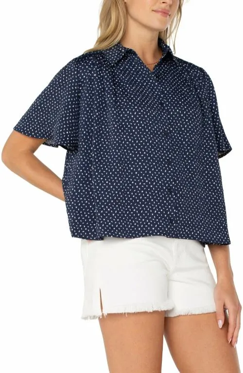 Women Tops Liverpool Los Angeles 12 Sleeve Shirred Woven Blouse Navy White Ditsy