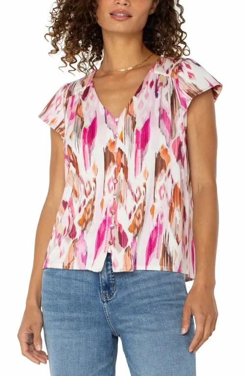 Women Tops Liverpool Los Angeles Flutter Sleeve Button Front Knit Top Pink Painted Ikat Women Tops Liverpool Los Angeles Flutter Sleeve Button Front Knit Top Pink Painted Ikat