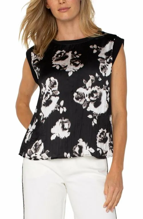 Women Tops Liverpool Los Angeles Sleeveless Woven Knit Top Black White Floral