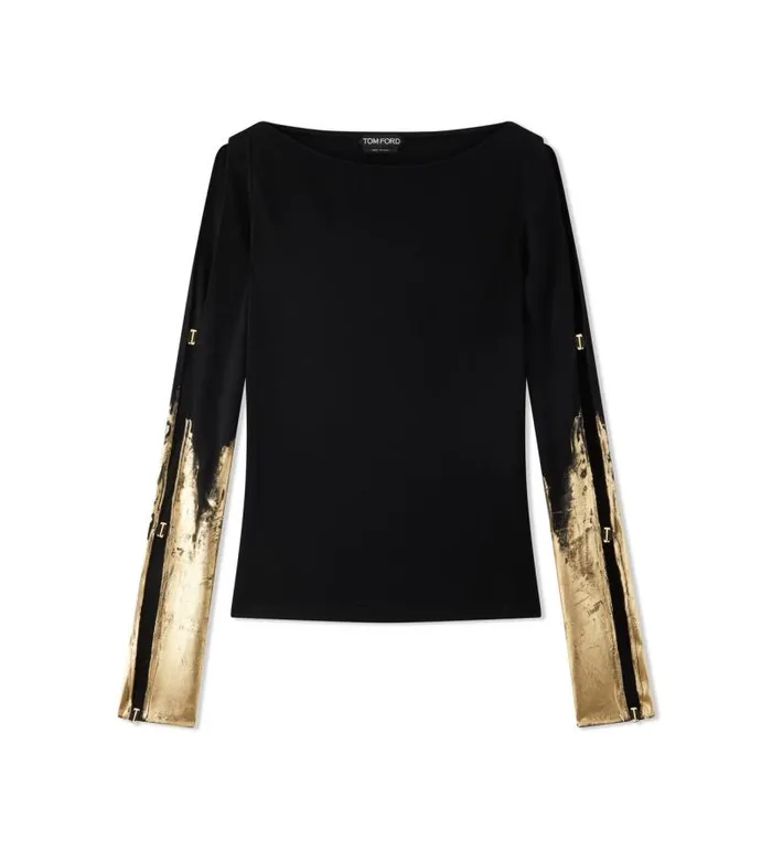 Women Tops Tom Ford Hand Painted Crepe Jersey Top Black Gold