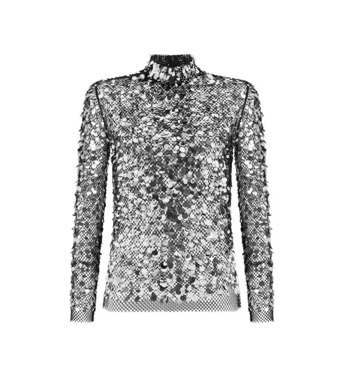 Women Tops Tom Ford Sequin Embroidered Mesh Mock Neck Top Silver Gunmetal