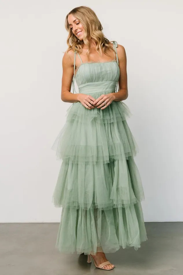 Women Tulle Styles Baltic Born Alora Tulle Tiered Maxi Dress Sage Green
