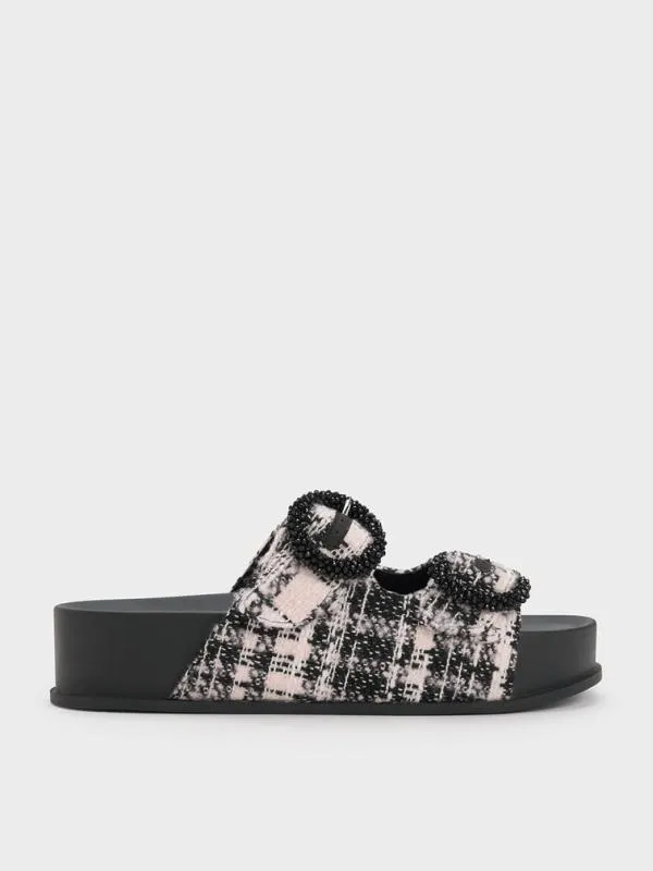 Women Tweed Beaded Circle Slide Sandals 8211 Pink CHARLES and KEITH Sandals