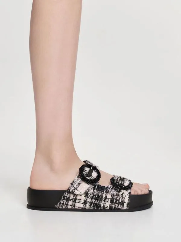 Women Tweed Beaded Circle Slide Sandals 8211 Pink CHARLES and KEITH Sandals