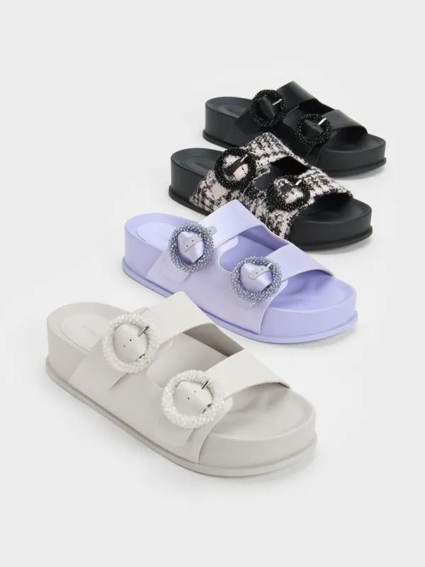 Women Tweed Beaded Circle Slide Sandals 8211 Pink CHARLES and KEITH Sandals