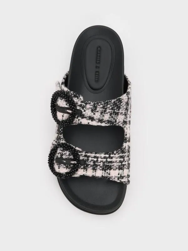 Women Tweed Beaded Circle Slide Sandals 8211 Pink CHARLES and KEITH Sandals