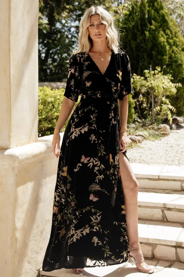 Women Wedding Guest Baltic Born Uma Velvet Maxi Dress Black Butterfly Print